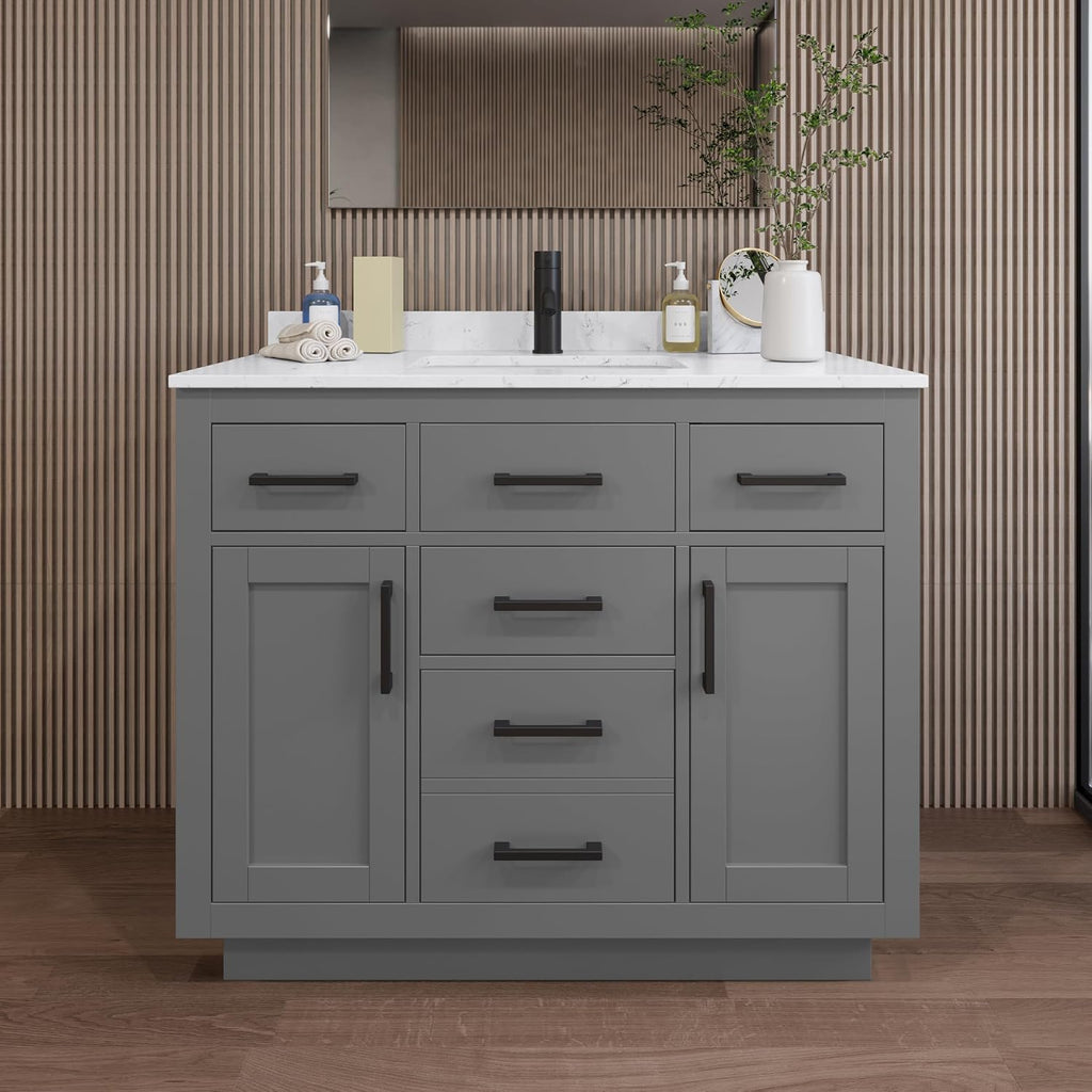 Wyndham Collection Beckett 42 Inch Single Bathroom Vanity with Toe Kick in Dark Gray, Carrara Cultured Marble Countertop, Undermount Square Sink, Matte Black Trim