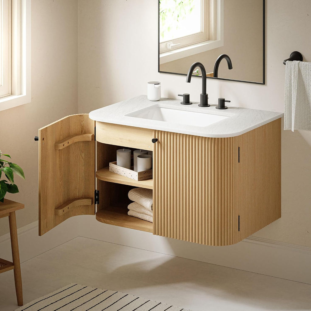Modway Zia 30 Inch Wall-Mount Bathroom Vanity in Natural with Marble Sink Basin - Floating Bathroom Cabinet with Fluted Design