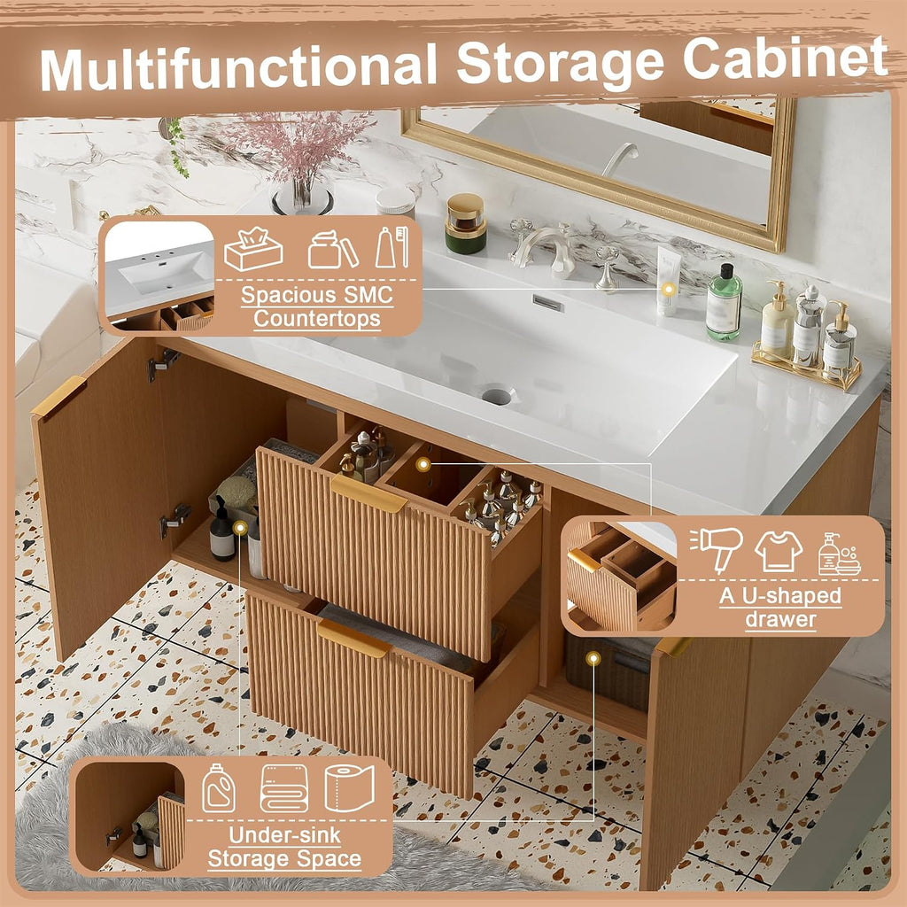 48'' Floating Bathroom Vanity with Sink, Painted Surface Wall Mounted Bathroom Vanity Cabinet, Soft Closing System, SMC Vanity Top, Natural