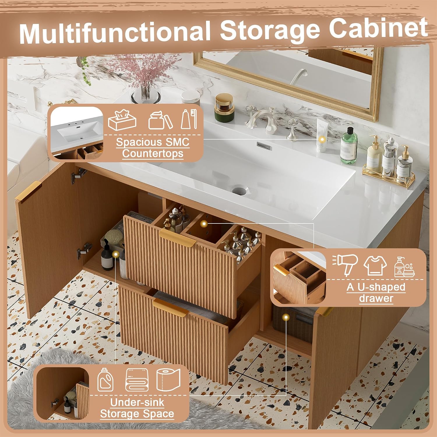 48'' Floating Bathroom Vanity with Sink, Painted Surface Wall Mounted Bathroom Vanity Cabinet, Soft Closing System, SMC Vanity Top, Natural