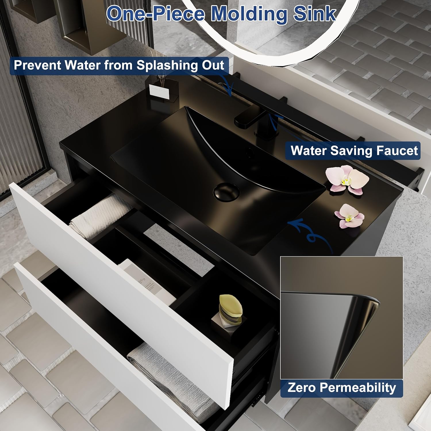 eclife 30' Bathroom Vanity Cabinet with Undermount Black Sink Combo, Wall Mounted Floating Bathroom Cabinet with Colors Mixed Style, 2 Big Drawers & Matte Black Faucet