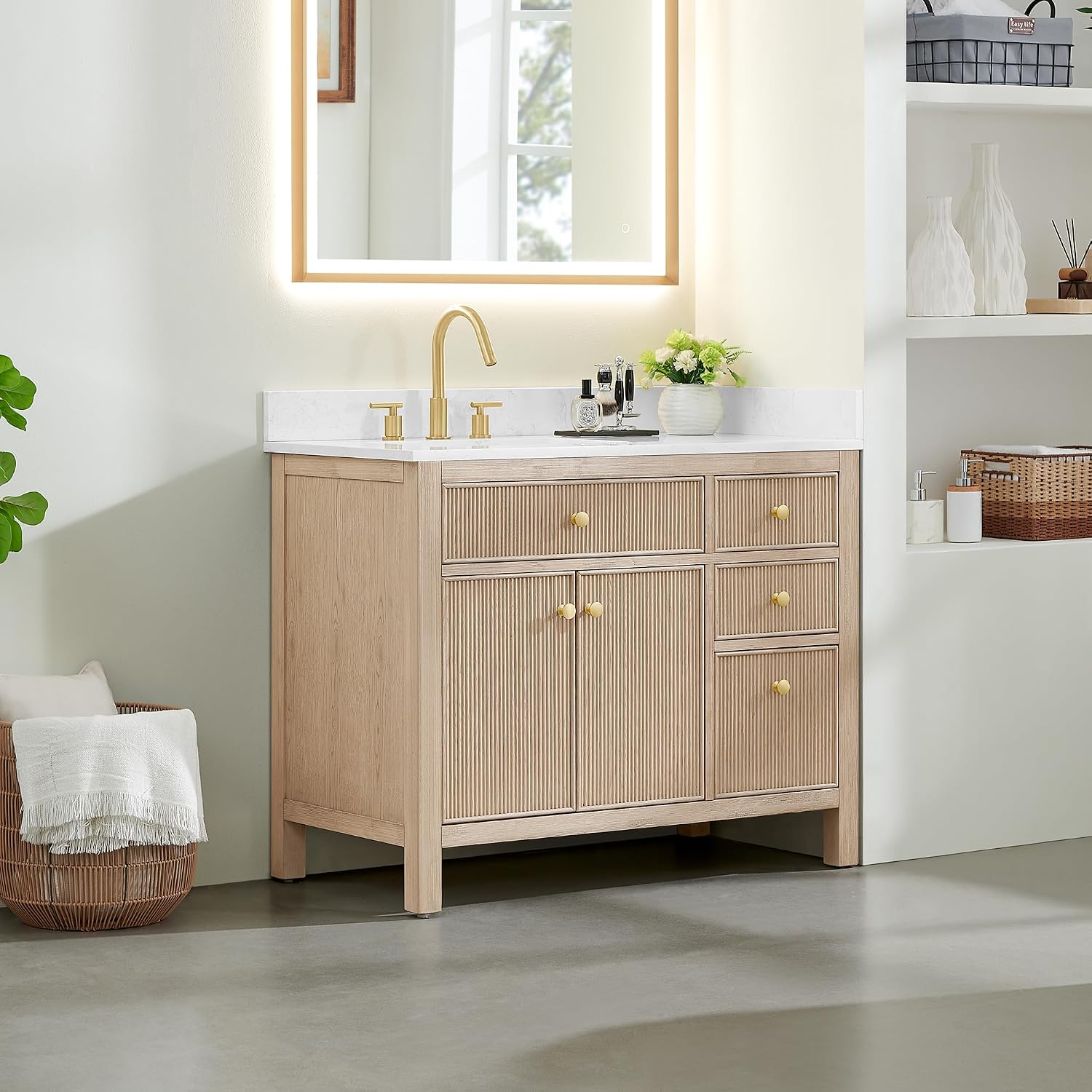 Cerrito 42' Wood Vanity in Natural Oak Grain Engineered Stone Top no Mirror