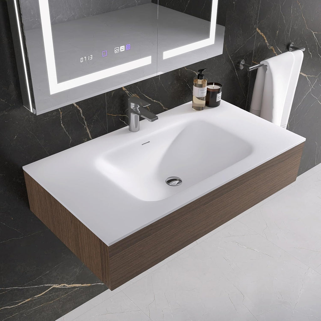 Rectangular Single Sink Bathroom Vanity Top White Solid Surface Resin Vanity Top, Vanity Top with Sink (White 39X21 inch)