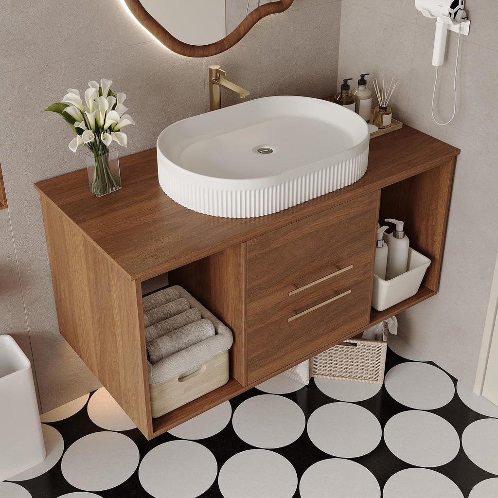 40 Inch Modern Bathroom Vanity Floating Bathroom Vanities with Above Oval Sink 40' Wall Mounted Bathroom Sink Cabinet with 2 Drawers & 2 Open Shelves & Gold Metal Handle, Walnut