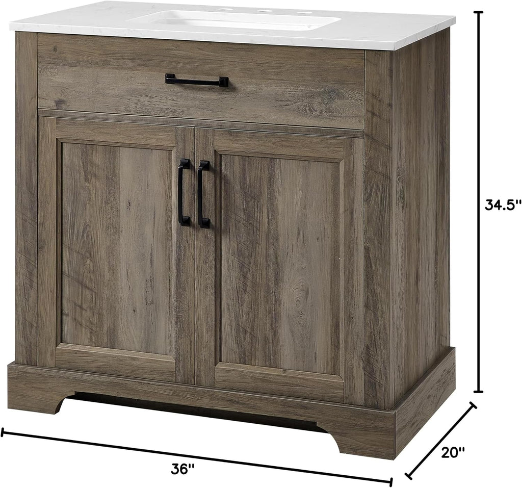 Mia Brown Grey Oak Wood 36-Inch Single Bathroom Vanity with Sink, Double Shaker Door Cabinet, Adjustable Shelf, Matte Black Handles, Pre-Drilled Marbled White Stone Top, Freestanding, Fully Assembled
