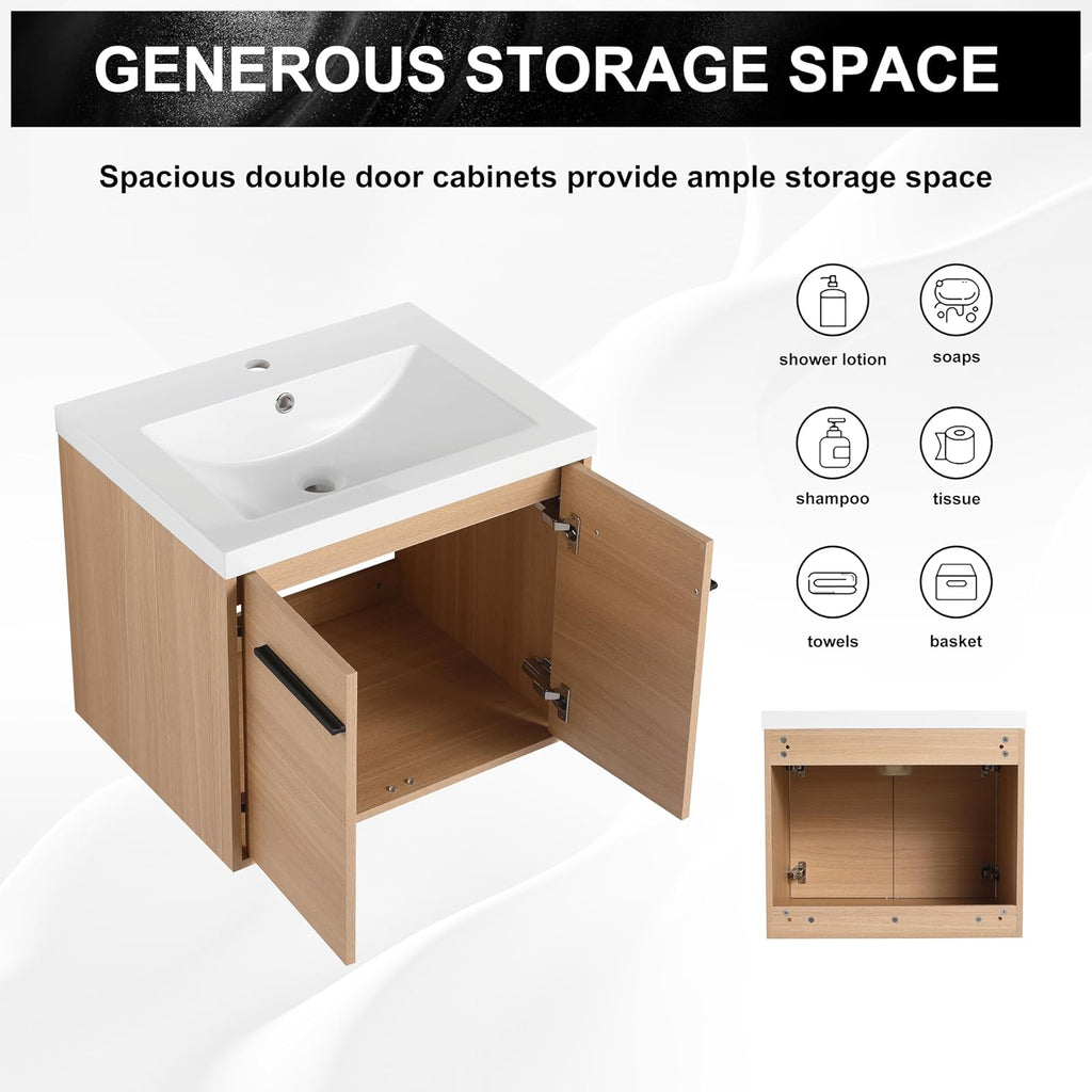 Floating Vanity Bathroom, 24 Inch Bathroom Vanity with Sink, Wall Mounted Single Sink Bathroom Vanity, Soft Closed Doors, Integrated Sink, Engineered Wood (Oak)