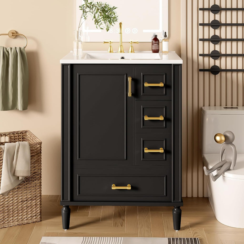 Harper & Bright Designs 24' Bathroom Vanity with Sink, Free-Standing Vanity Set with 3 Drawers in Different Sizes, Door-Mounted Rack, Wood Bathroom Cabinet with Ceramic Basin for Bathroom, Black