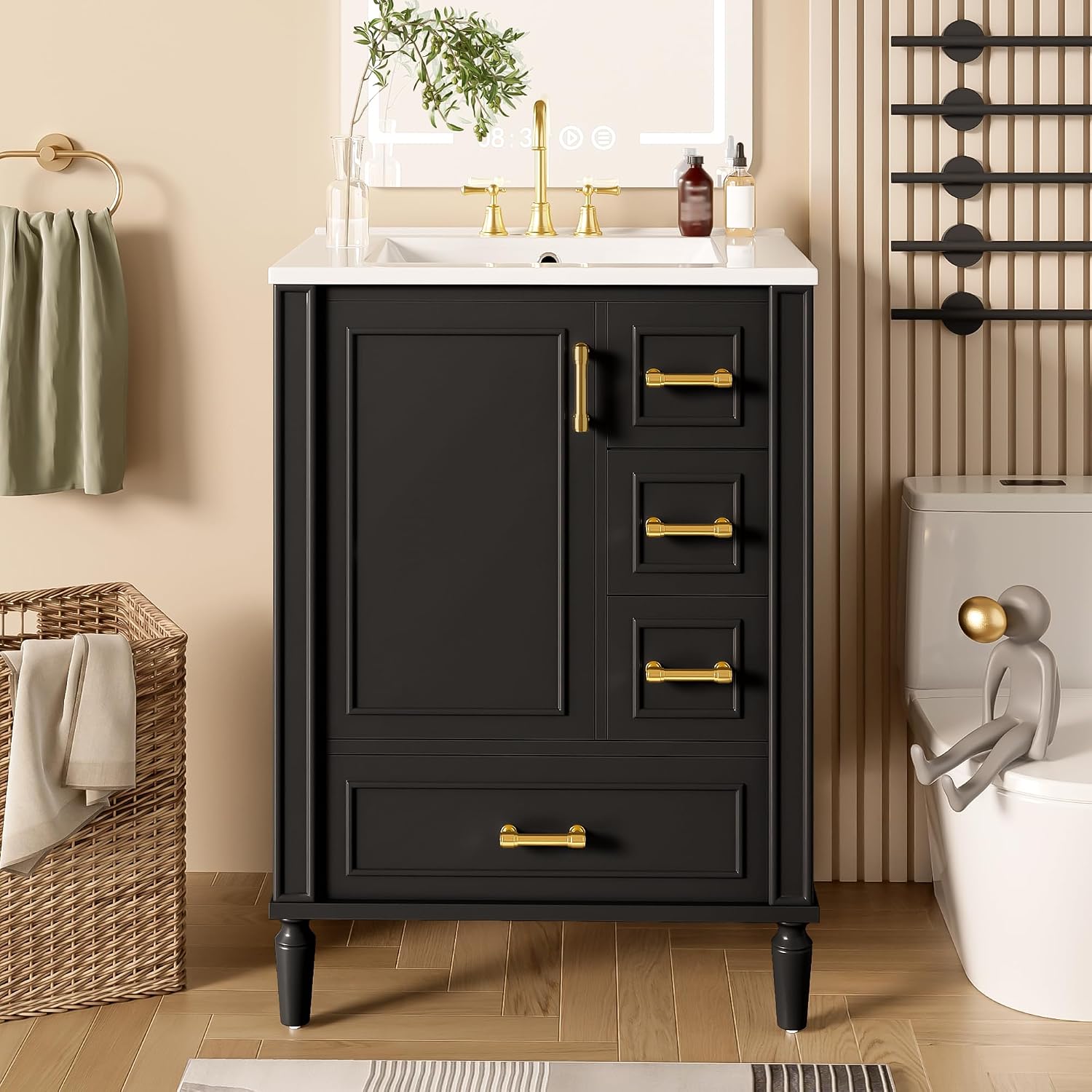 Harper & Bright Designs 24' Bathroom Vanity with Sink, Free-Standing Vanity Set with 3 Drawers in Different Sizes, Door-Mounted Rack, Wood Bathroom Cabinet with Ceramic Basin for Bathroom, Black
