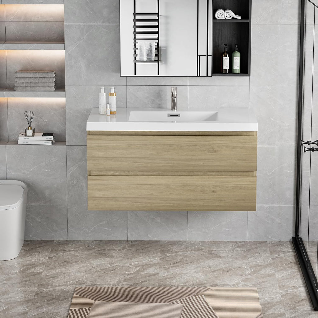 42' Floating Bathroom Vanity with Sink, Modern Wall Mounted Bathroom Storage Vanity Cabinet with Resin Top Basin and Soft Close Drawers, Natural Oak 24V11 42NO