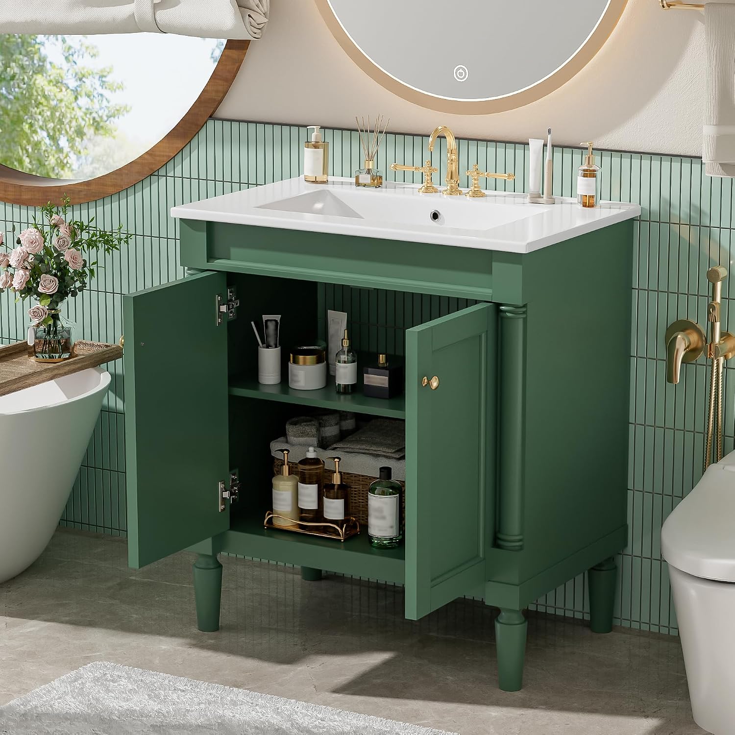 Merax 30' Bathroom Vanity with Sink, Powder Room Small Bathroom Vanity with 2-Door Cabinet, Ceramic Sink, Solid Wood Frame Bathroom Storage Cabinet