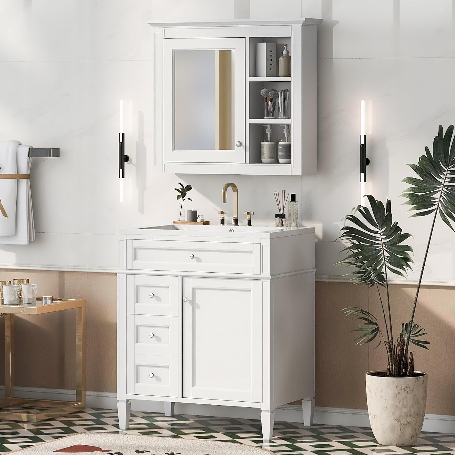 Merax 30' Bathroom Sink Vanity with Matching Medicine Cabinet Combo, Modern Bathroom Storage Cabinet, Solid Wood Frame, Painted Finish