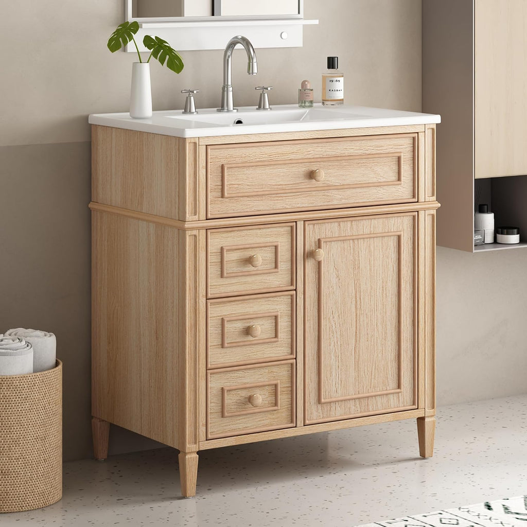Bathroom Vanity with Sink 30 Inch, Tip-Out Drawer and Door Rack, Adjustable Shelf, Soft-Closing System, Solid Wood Legs, Light Wood