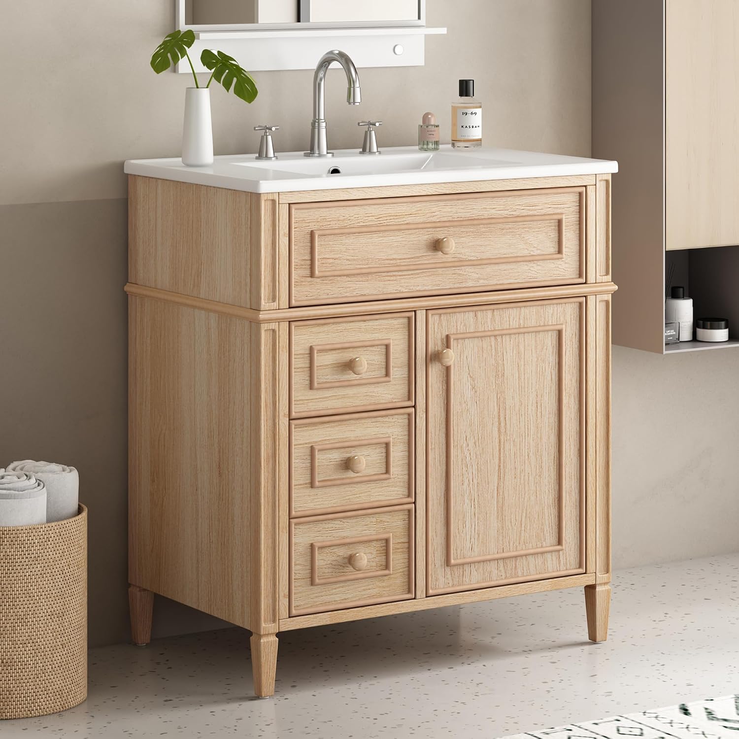 Bathroom Vanity with Sink 30 Inch, Tip-Out Drawer and Door Rack, Adjustable Shelf, Soft-Closing System, Solid Wood Legs, Light Wood