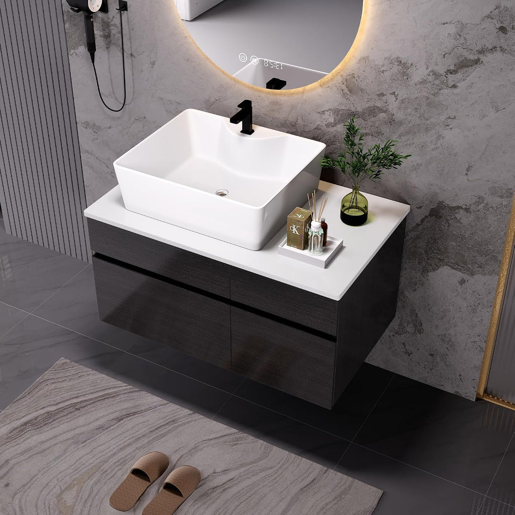 32 inch Bathroom Vanity with Ceramic Sink Modern Floating Bathroom Vanity with 1 Drawers and 2 Storage Cabinets, 32' Wall Mounted Black Bathroom Vanity Cabinet with Sink
