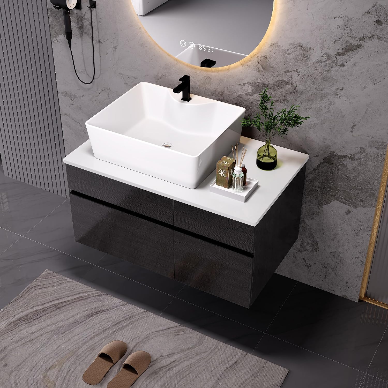 32 inch Bathroom Vanity with Ceramic Sink Modern Floating Bathroom Vanity with 1 Drawers and 2 Storage Cabinets, 32' Wall Mounted Black Bathroom Vanity Cabinet with Sink