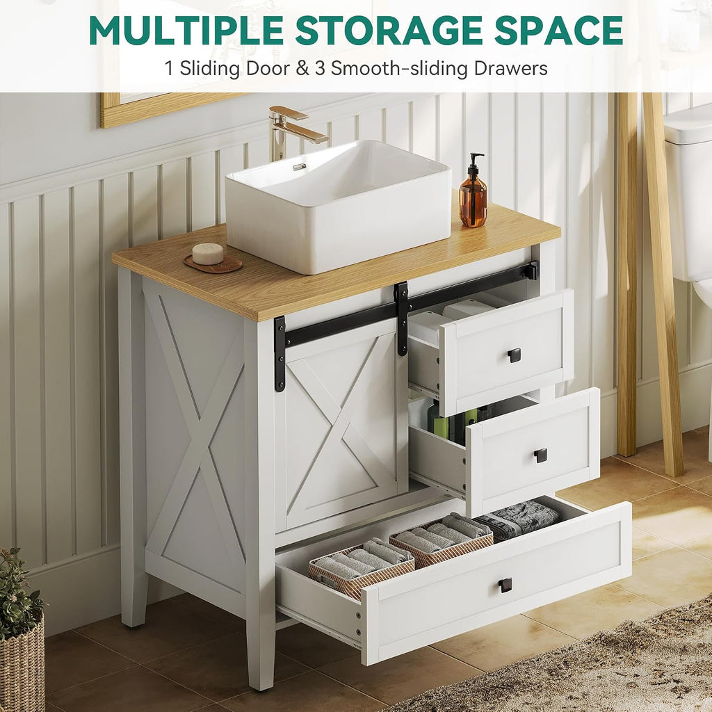 DWVO 36' Farmhouse Bathroom Vanity with Sink Combo, Barn Door Bathroom Storage Cabinet with Sliding Door & 3 Drawers, Ceramic Vessel Sink Top, White