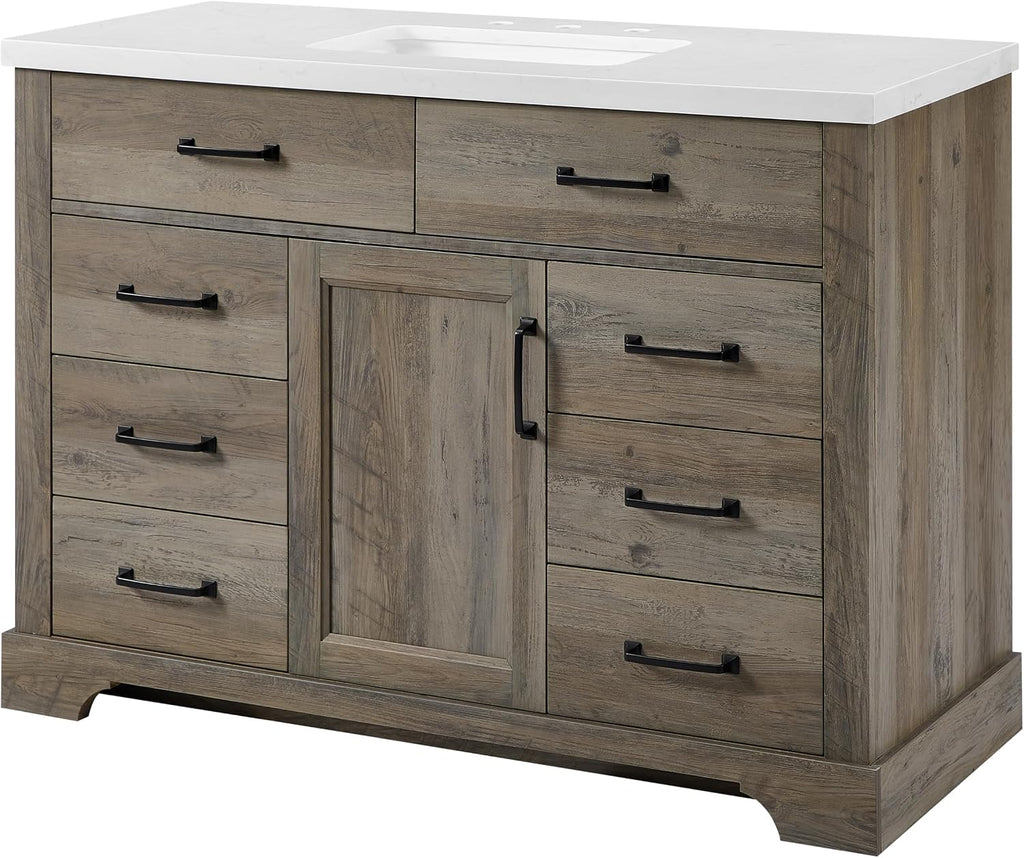 Mia Brown Grey Oak Wood 48-Inch Single Bathroom Vanity with Sink, Shaker Door Cabinet with Shelf, Drawers, Matte Black Handles, Pre-Drilled Marbled White Stone Top, Freestanding, Fully Assembled