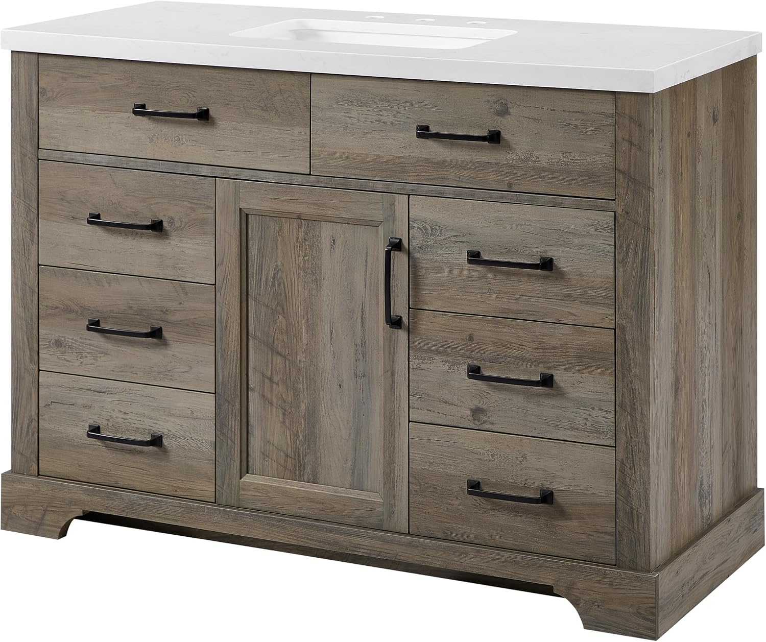 Mia Brown Grey Oak Wood 48-Inch Single Bathroom Vanity with Sink, Shaker Door Cabinet with Shelf, Drawers, Matte Black Handles, Pre-Drilled Marbled White Stone Top, Freestanding, Fully Assembled