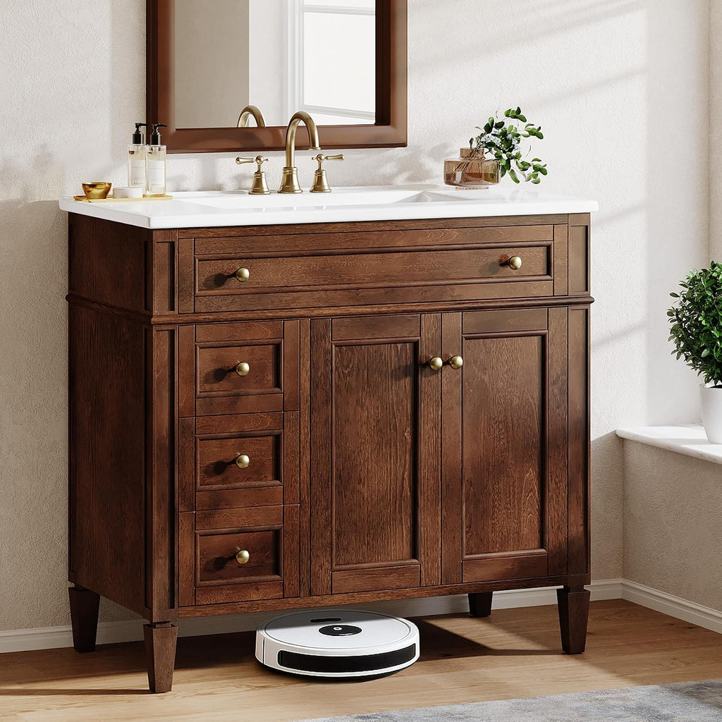 Tribesigns 36' Bathroom Vanity with Sink, Farmhouse Bathroom Sink Cabinet with 4 Drawers & 2 Doors, Bath Storage Vanity Sink with Metal Handles, Solid Wood Frame, Paint Surface Brown