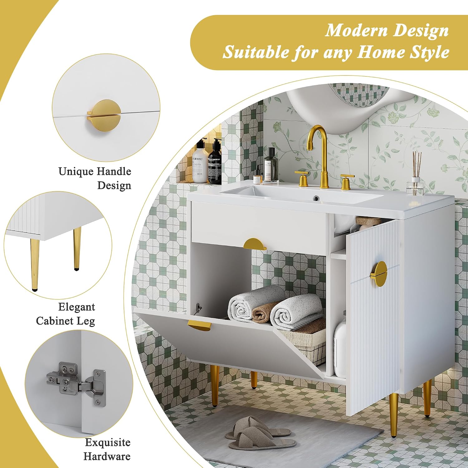 Merax 36 Inch Bathroom Vanity with Sink, Modern Bathroom Vanity Storage Cabinet with Soft-Closing Door and Drop-Down Door, Resin Basin Sink Top, Solid Wood Frame, Painted Finish， White