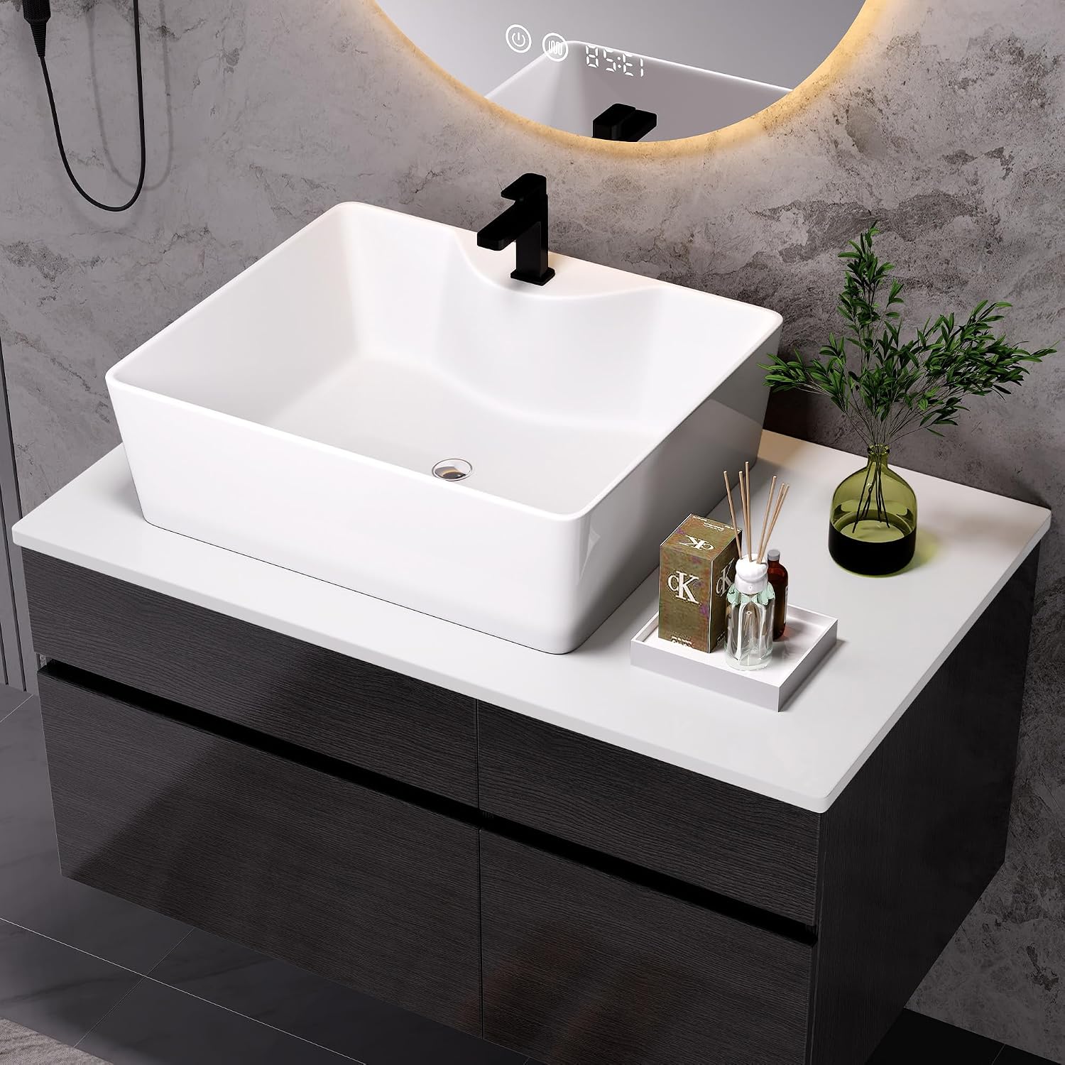 32 inch Bathroom Vanity with Counter Top Ceramic Sink Modern Floating Bathroom Vanities with 1 Drawers and 2 Storage Cabinets, 32' Wall Mounted Bathroom Vanity Wood Cabinet with Sink, Black
