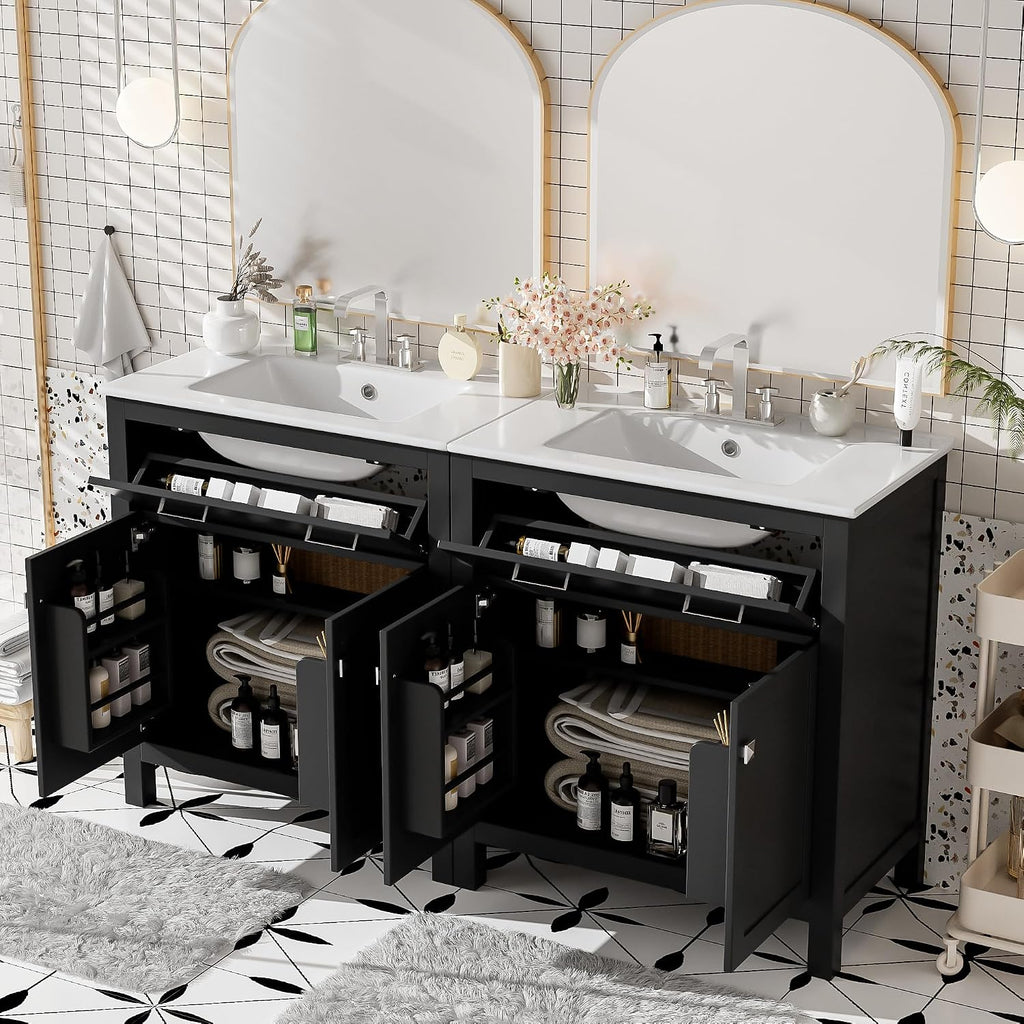 Harper & Bright Designs 60' Bathroom Vanity Set with Double Sink, Vanity Cabinet with Flip Drawer, 2 Doors, and Adjustable Shelf, Solid Wood Bathroom Cabinet with Ceramic Basin for Bathroom, Black