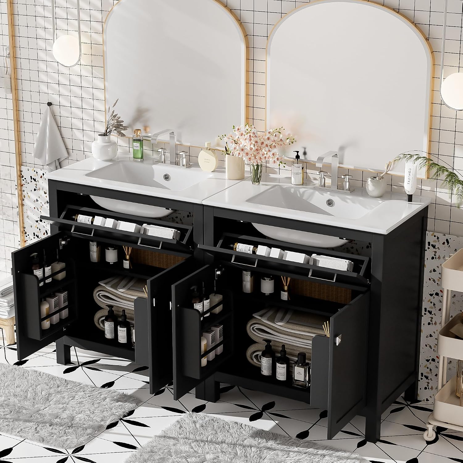 Harper & Bright Designs 60' Bathroom Vanity Set with Double Sink, Vanity Cabinet with Flip Drawer, 2 Doors, and Adjustable Shelf, Solid Wood Bathroom Cabinet with Ceramic Basin for Bathroom, Black
