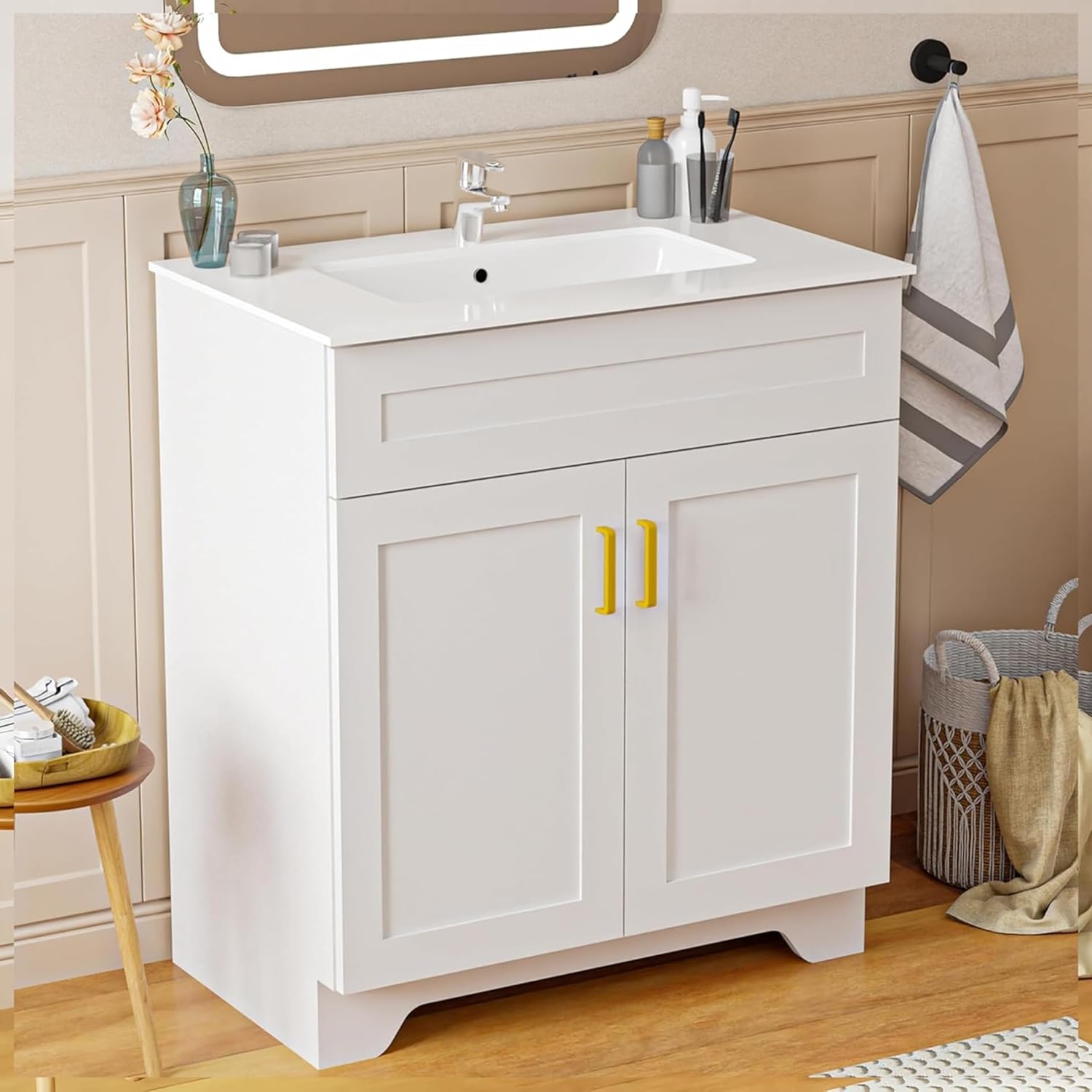 30 Inch Bathroom Vanity with Sink, Modern Bathroom Vanity with Ceramic Basin and Countertop, Easy Assembly (White)
