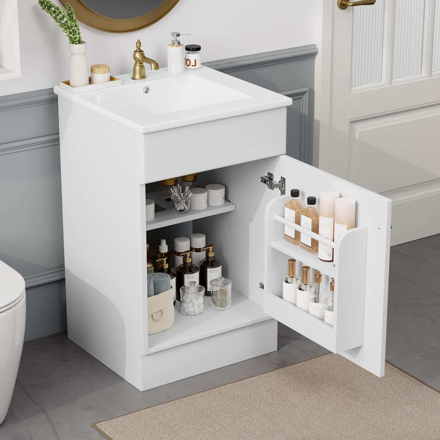 Harper & Bright Designs 20' Bathroom Vanity with Sink, Free Standing Single Basin Vanity Set with Adjustable Shelf & Storage Rack, Solid Wood Bathroom Cabinet with Ceramic Basin for Bathroom, White