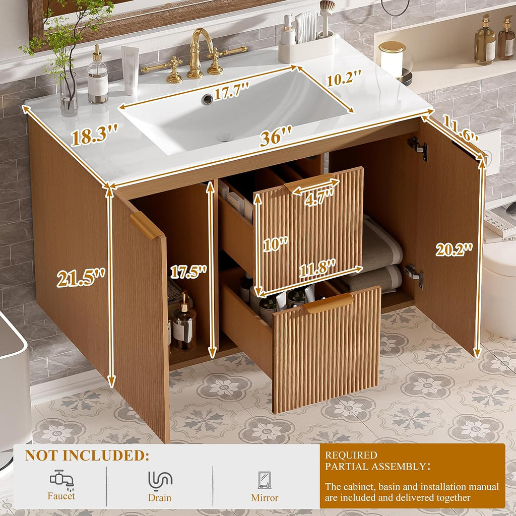 36 Inch Bathroom Vanity with Sink, Modern Fluted Single Bathroom Vanity with Ceramic Sink, Bath Room Cabinet with Divided Drawers, Wall-Mounted Modern Storage Vanity for Small Space (36''-Wood)
