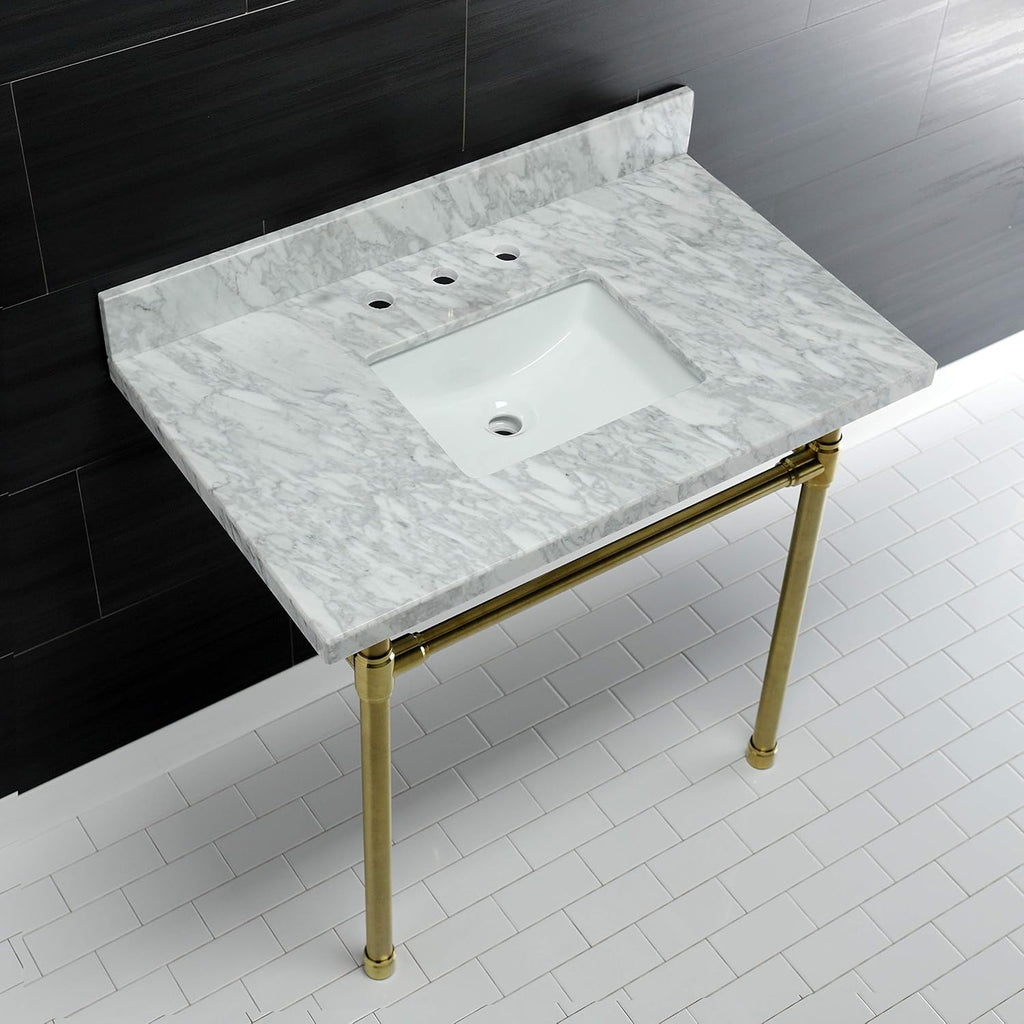 Kingston Brass KVPB36M8SQ7ST Dreyfuss 36' Carrara Marble Vanity Top with Stainless Steel Legs, Marble White/Brushed Brass