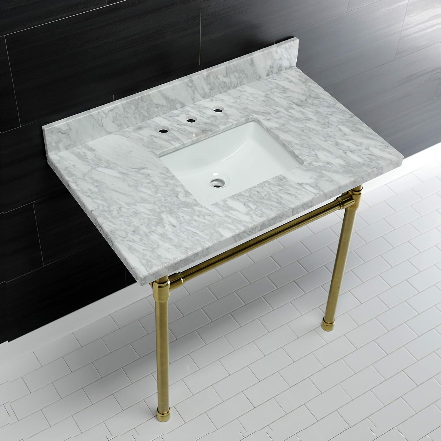 Kingston Brass KVPB36M8SQ7ST Dreyfuss 36' Carrara Marble Vanity Top with Stainless Steel Legs, Marble White/Brushed Brass