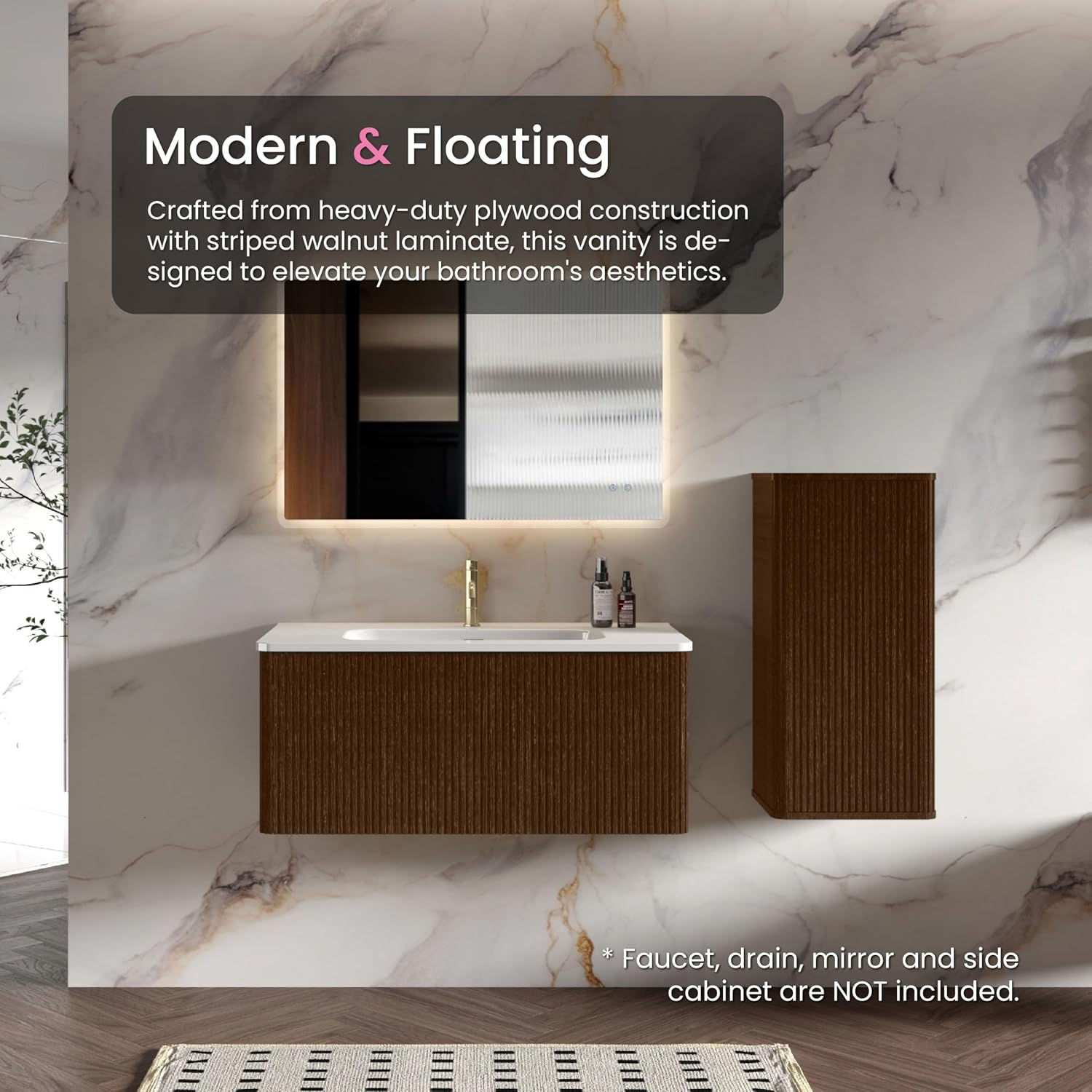 36 Inch Bathroom Vanity with Sink, Modern Floating Vanity with Push Open Soft Close Drawer, Large Storage for Powder Room, Brushed Black Oak, Fully Assembled - Camellia Collection