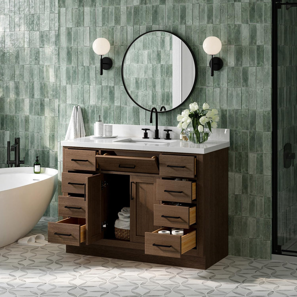 ARIEL Hepburn 48-inch Bathroom Vanity with Sink,Solid Wood, 1.5-inch Pure White Quartz Countertop, Single Rectangular Porcelain Sink, 2 Soft Closing Doors, 9 Dovetail Drawers, Brown Oak