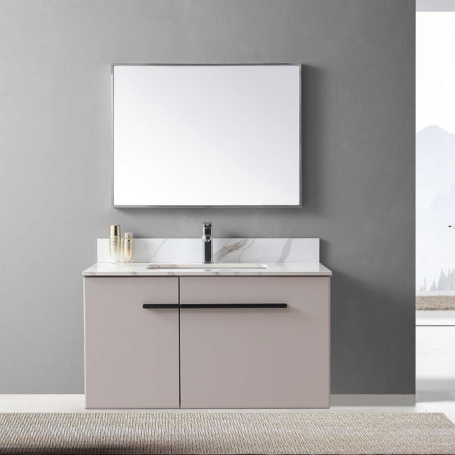 37' Bathroom Vanity Top with Ceramic Undermount Sink & Backsplash,Carrara Gold Sintered Stone Counter Top, Single Hole Vanity Sink Top