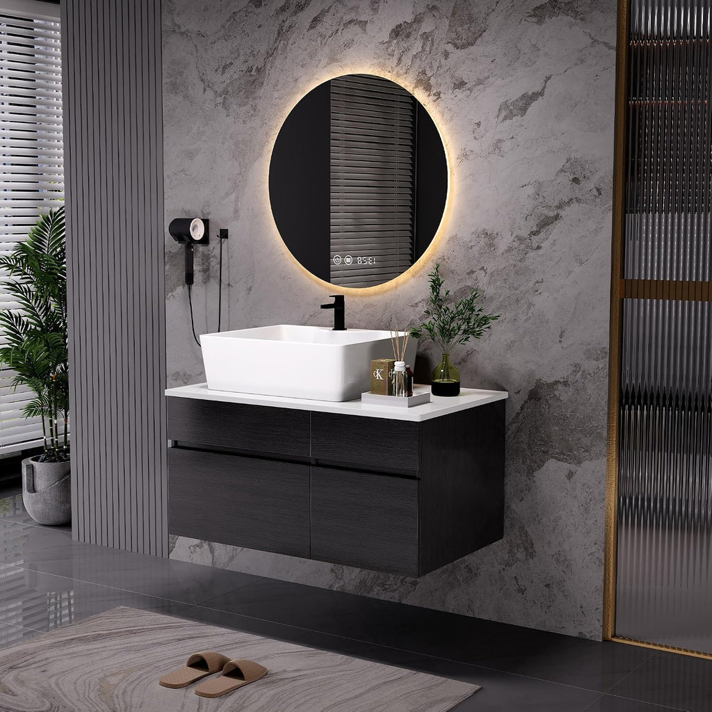 32 inch Bathroom Vanity with Ceramic Sink Modern Floating Bathroom Vanity with 1 Drawers and 2 Storage Cabinets, 32' Wall Mounted Black Bathroom Vanity Cabinet with Sink