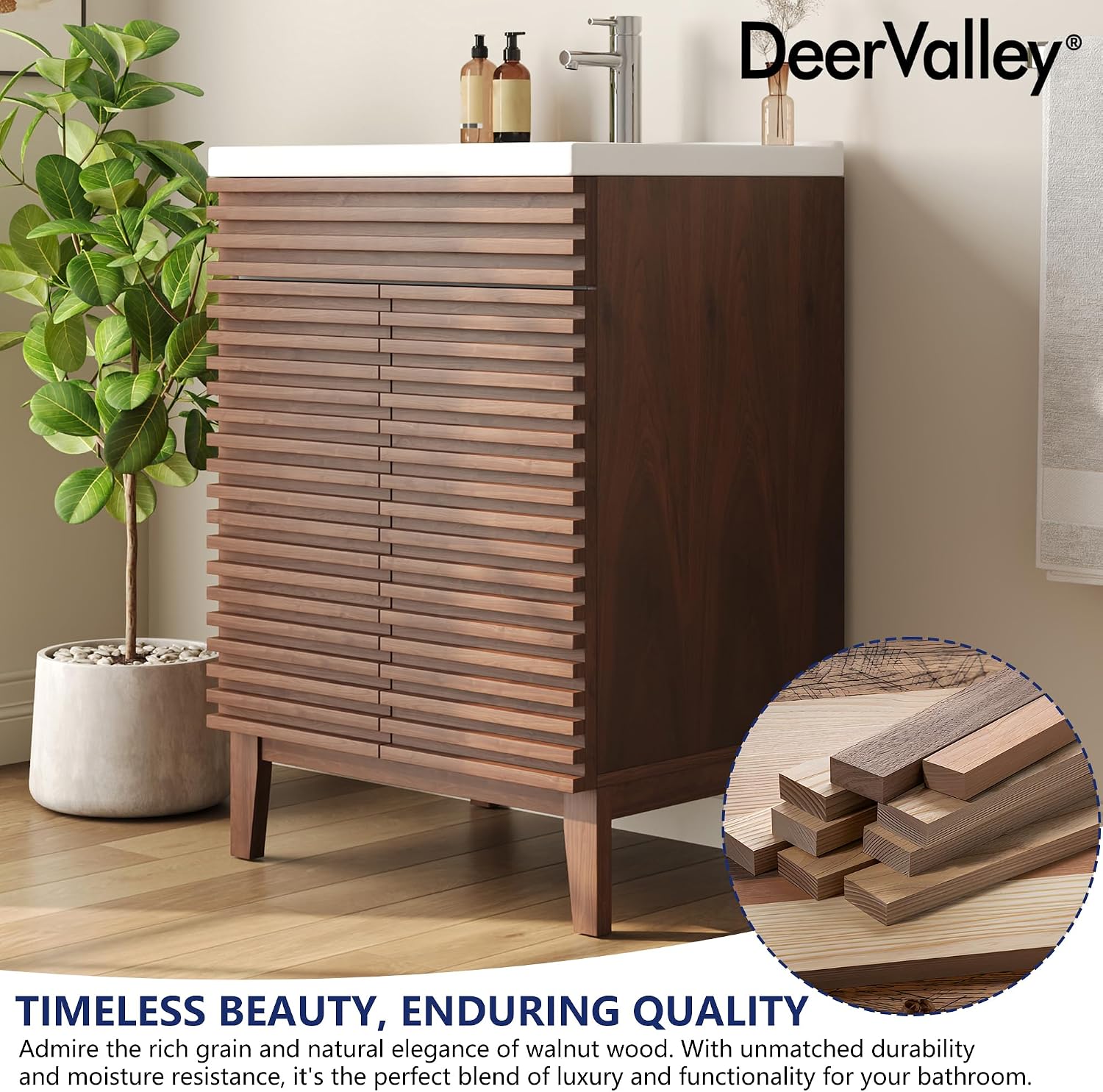 DeerValley 24' Bathroom Vanity with Ceramic Sink Top, Multifunctional Storage Space Vanity, Soft Closing Doors, Pre-Assembled Mid-Century Wood Bathroom Cabinet Sink Combo in Walnut White