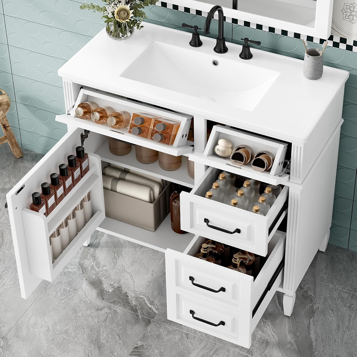 36' Bathroom Vanities Cabinet with Ceramic Sink Top, Tip-Out Drawers and Door Shelf, Soft-Closing Door, Solid Wood Legs, White