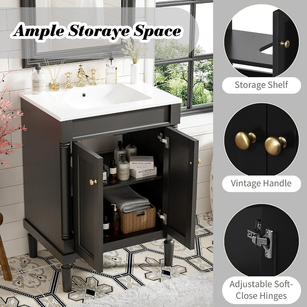 Merax 24' Bathroom Vanity with Sink, Powder Room Small Bathroom Vanity with 2-Door Cabinet, Undermount Sink, Solid Wood Frame Bathroom Storage Cabinet