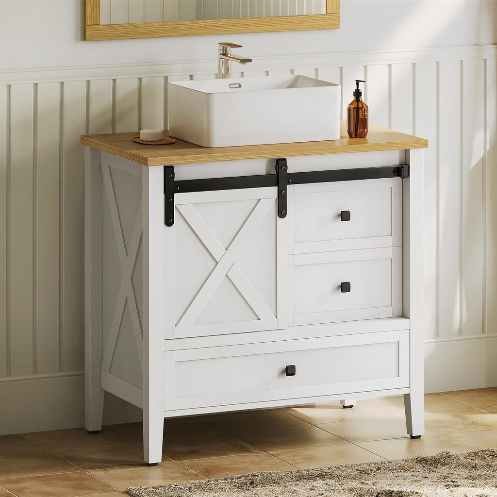 DWVO 36' Farmhouse Bathroom Vanity with Sink Combo, Barn Door Bathroom Storage Cabinet with Sliding Door & 3 Drawers, Ceramic Vessel Sink Top, White