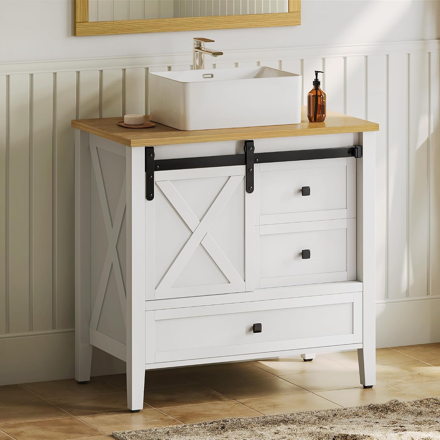 DWVO 36' Farmhouse Bathroom Vanity with Sink Combo, Barn Door Bathroom Storage Cabinet with Sliding Door & 3 Drawers, Ceramic Vessel Sink Top, White