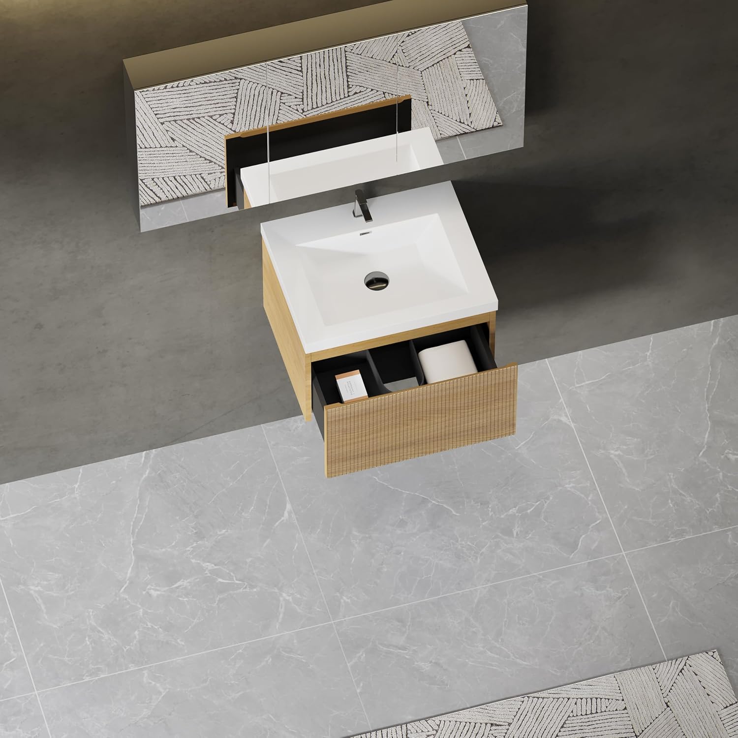 Modern 24'' Floating Bathroom Vanity Sink Combo, Wall-Mounted Striped Cabinet with Soft-Close Drawer, Double Glossy White Basins, Natural Oak Finish - Elegant Storage Solution