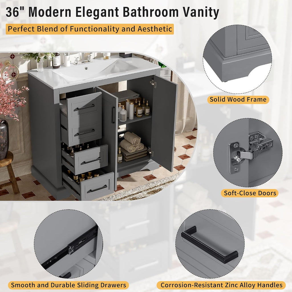 Merax 36' Bathroom Vanity with Ceramic Sink Combo, Freestanding Minimalist Vanities Cabinet & Large Adjustable Shelf and 3 Storage Drawers, Soft Closing Doors, Solid Wood Frame, Gray