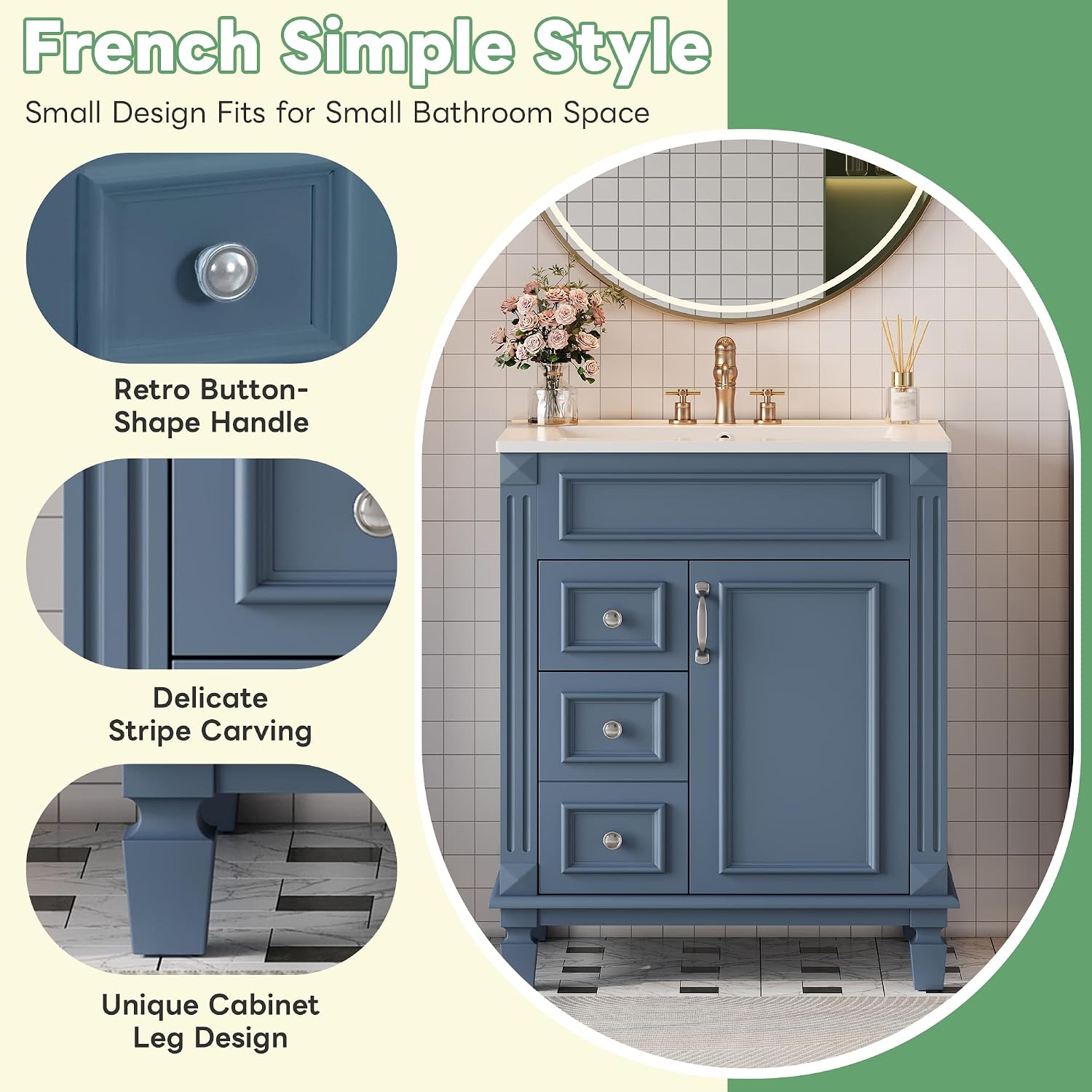 24 Inch Blue-Grey Bathroom Vanity with Sink,Modern Bathroom Vanity with 2 Left Hand Drawers & Adjustable Shelf,Soft Closing Doors & Silver Handles,Solid Wood Frame,French Embossed Front