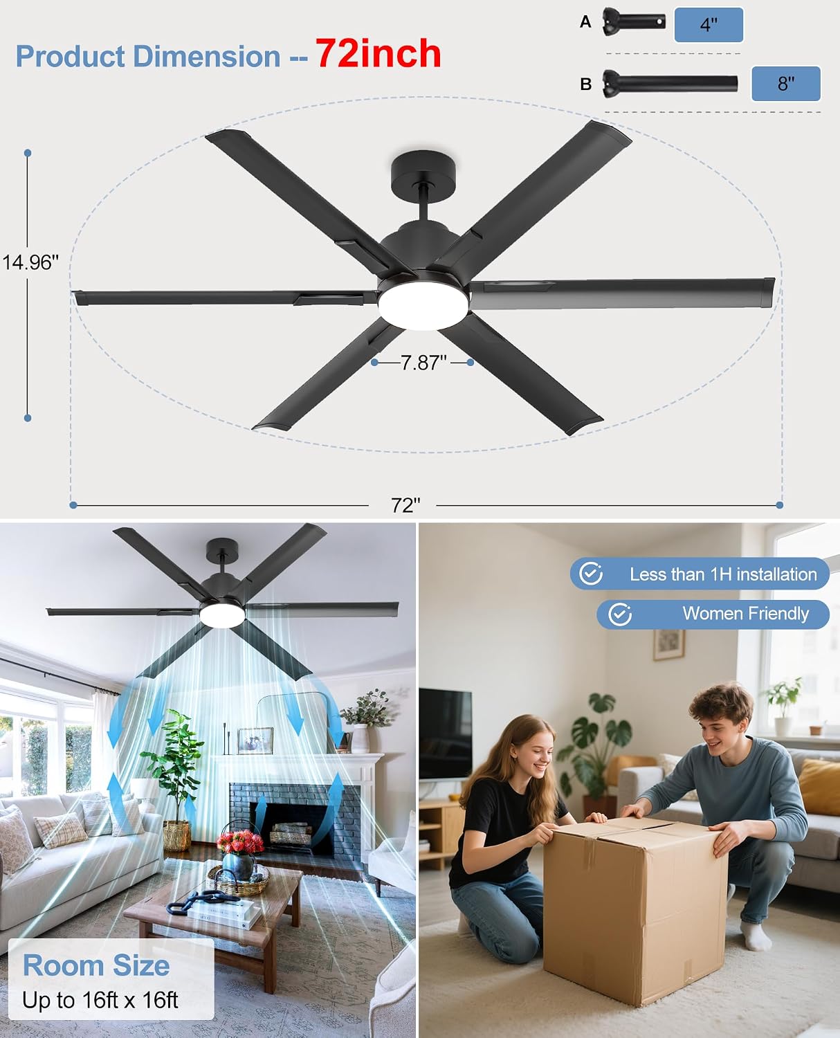 JAYNLT 20'' White and 72'' Black Ceiling Fans with Lights for Bedroom Living Room