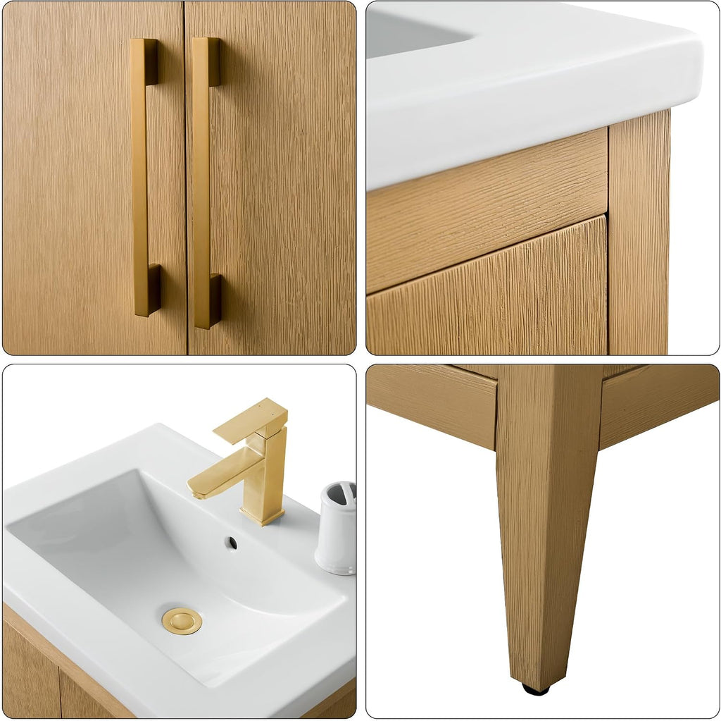 HOMEBEYOND 24 Inch Bathroom Vanities with Sink & Ceramic Top, Single Vanity Cabinet with Basin, Solid Wood Frame, Soft-Closing Doors & Golden Brushed Hardware, Natural Oak