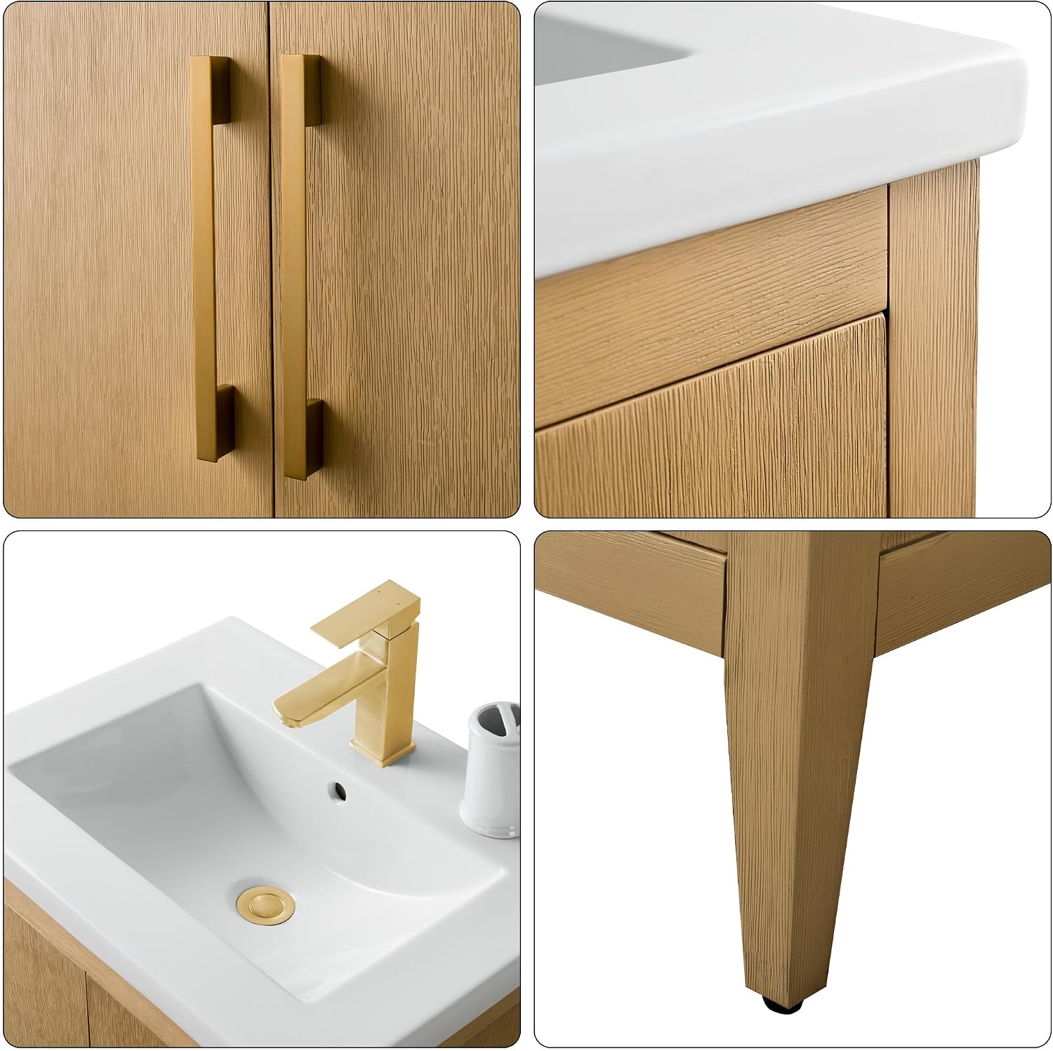 HOMEBEYOND 24 Inch Bathroom Vanities with Sink & Ceramic Top, Single Vanity Cabinet with Basin, Solid Wood Frame, Soft-Closing Doors & Golden Brushed Hardware, Natural Oak