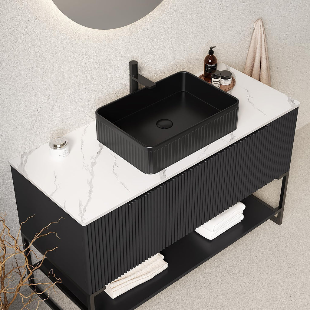 48' Black Bathroom Vanity with Rectangular Ceramic Basin & Marble Top, Freestanding Bathroom Storage Cabinet with 3 Doors and Open Shelf, Modern Single Sink Bathroom Vanities with Soft Close System