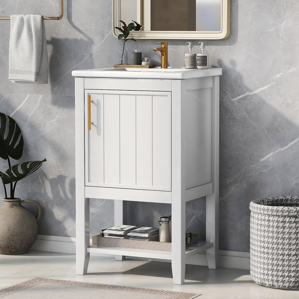 Bathroom Vanity with Sink 20 Inch, Cabinet with Two-Tier Door Shelf Rack & Open Storage, Solid Wood Legs, White