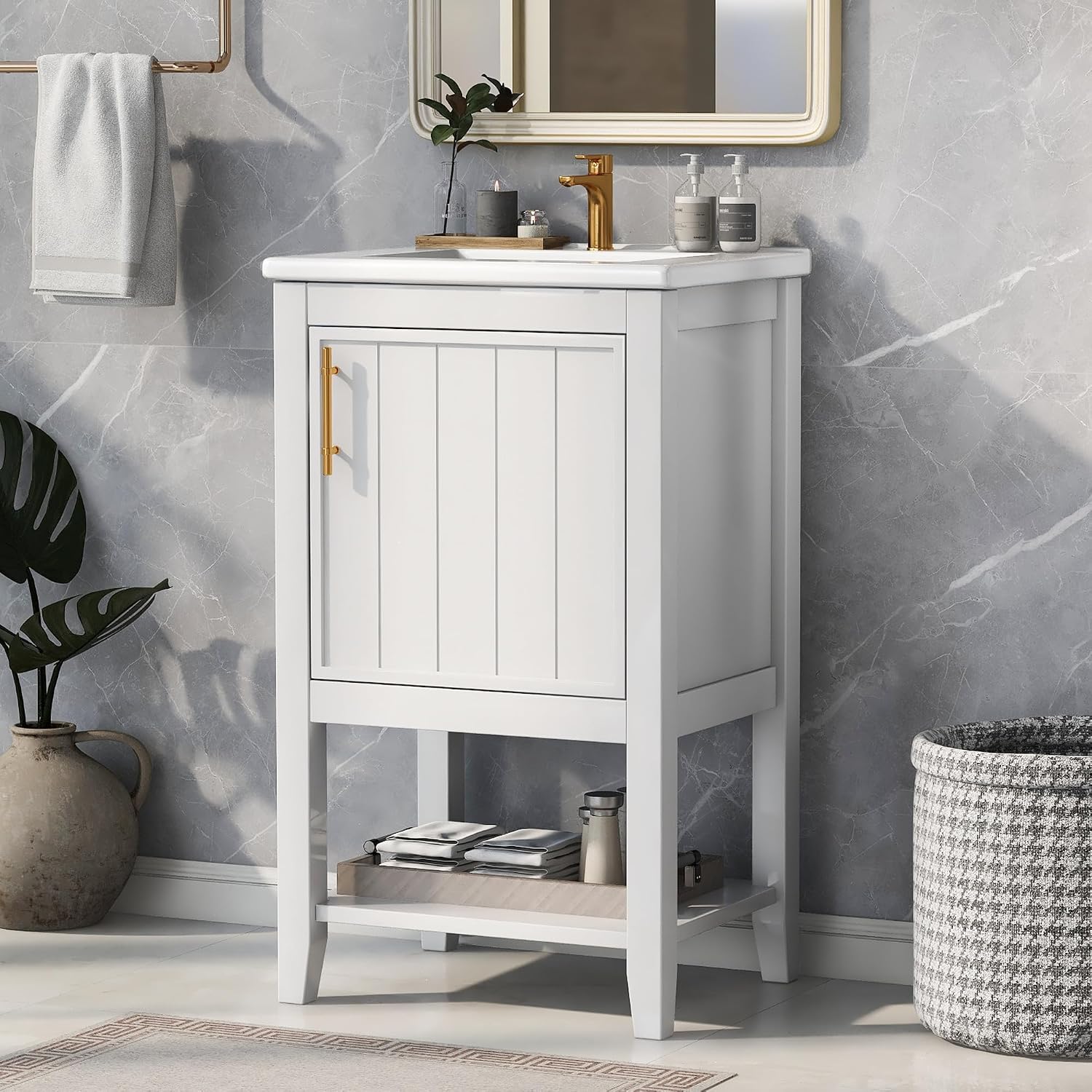 20' Bathroom Vanity Cabinet with Ceramic Sink Top Set, Freestanding, Two-Tier Storage Rack, Soft Closing Door, White